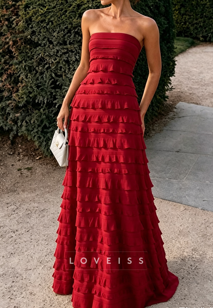 Strapless Tiered Ruffled Maxi Evening Gown
