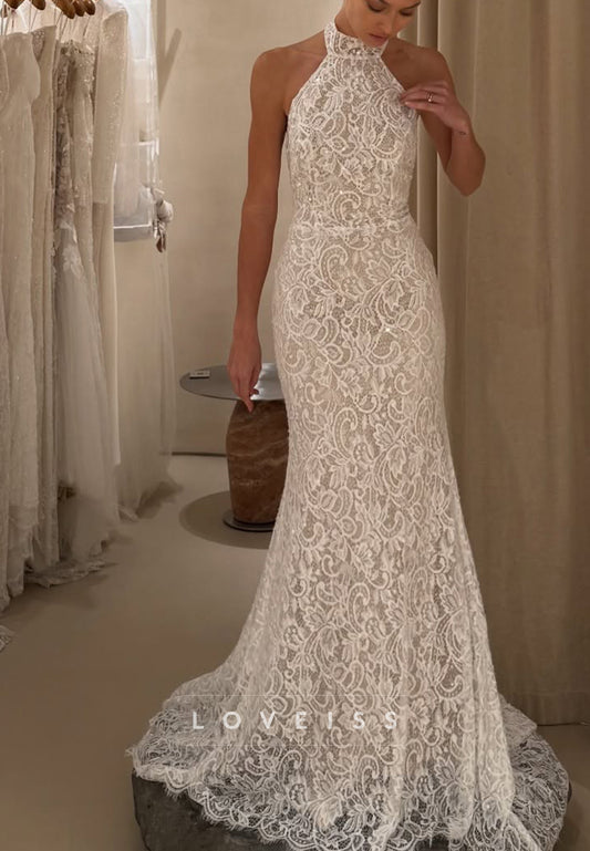 Halter Neck Lace Mermaid Wedding Dress