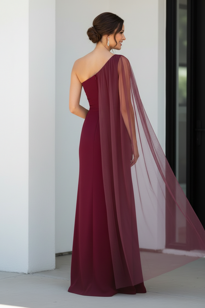 One-Shoulder Crepe Evening Gown with Cape and High Slit