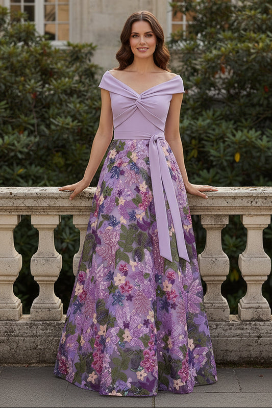 Off-the-Shoulder Embroidered A-Line Evening Gown