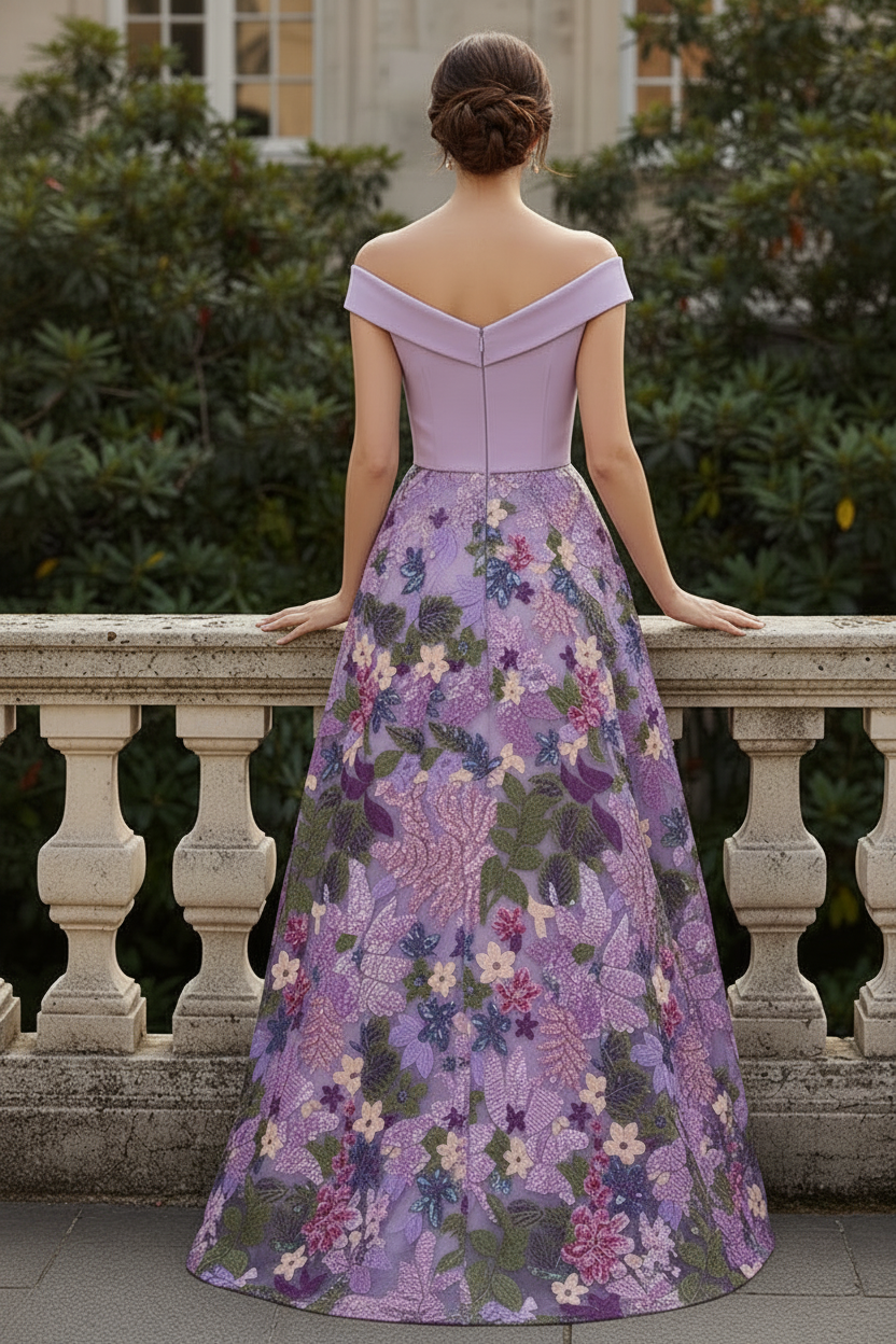 Off-the-Shoulder Embroidered A-Line Evening Gown