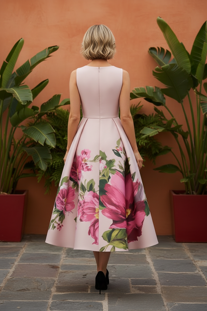 Floral Print Notch Neck Sleeveless A-Line Midi Dress