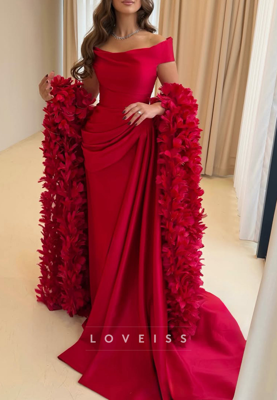 Off-the-Shoulder Draped Gown with Feather Boa