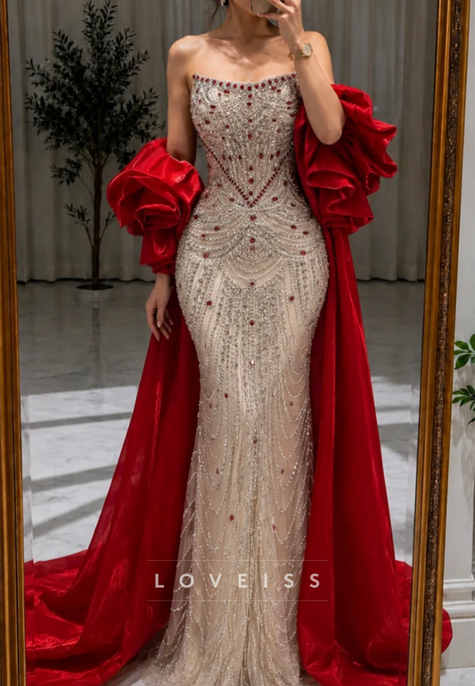 Beaded Mermaid Gown with Detachable Velvet Cape Sleeves