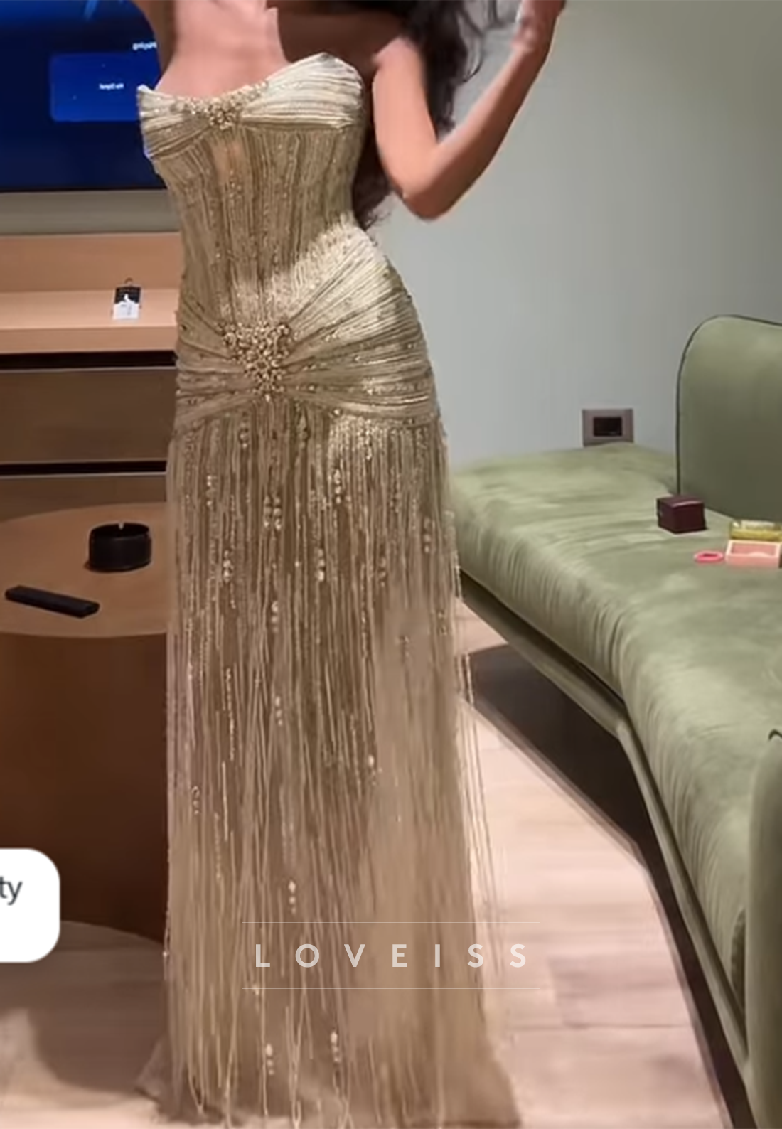 Strapless Beaded Fringe Floor-Length Evening Gown