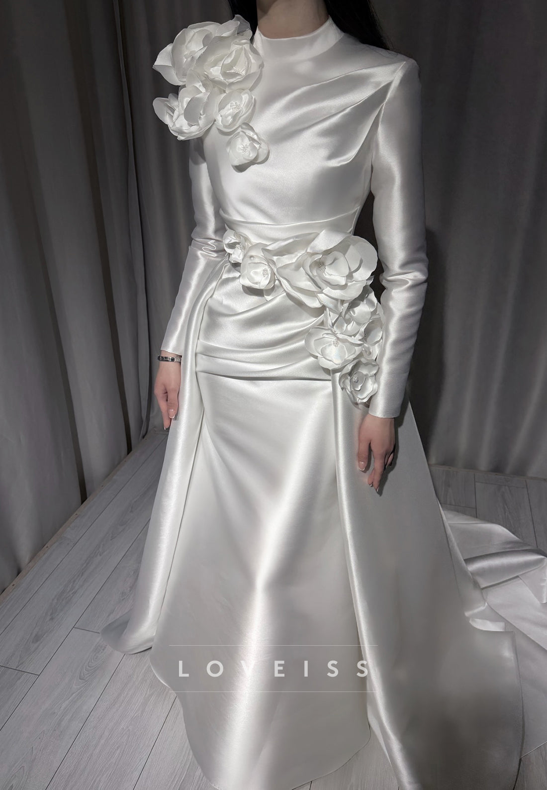 High Neck Satin A-Line Wedding Dress with 3D Flowers