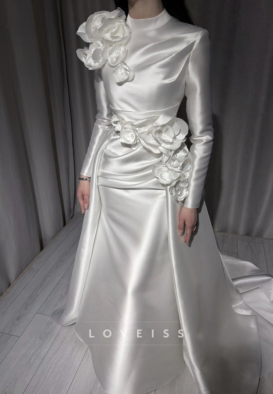 High Neck Satin A-Line Wedding Dress with 3D Flowers