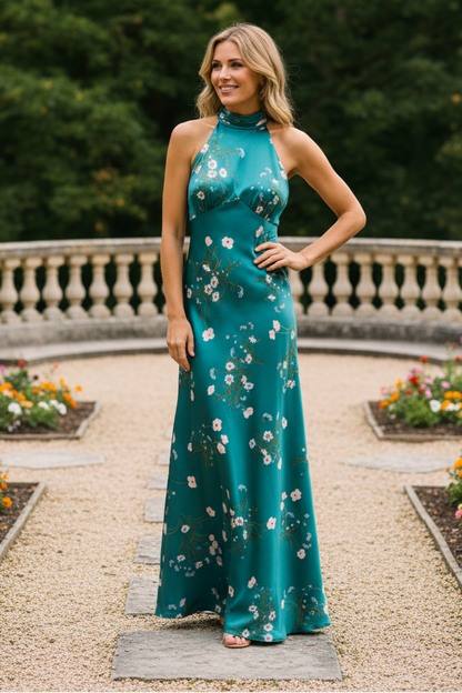Floral Print Satin Halter Maxi Dress