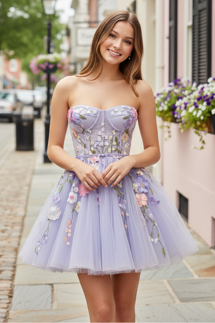 Strapless Corset Tulle Mini Dress with 3D Flowers