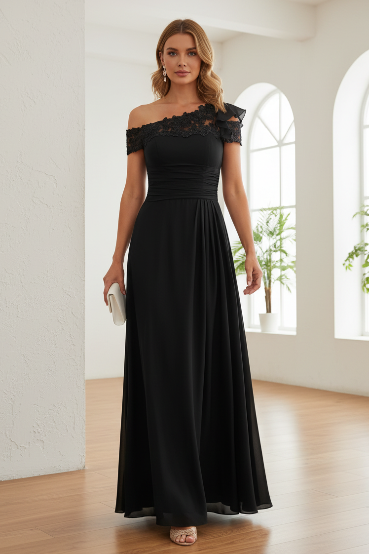One Shoulder Lace Bodice Ruched Chiffon Maxi Gown