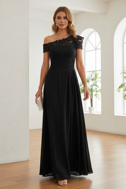 One Shoulder Lace Bodice Ruched Chiffon Maxi Gown