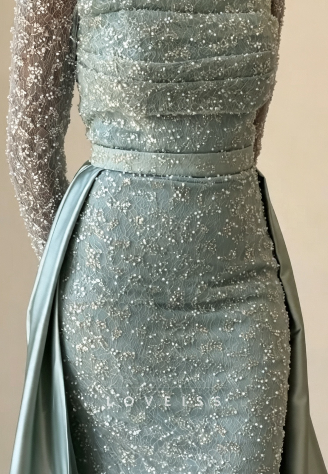 Beaded Lace Evening Dress with Overskirt