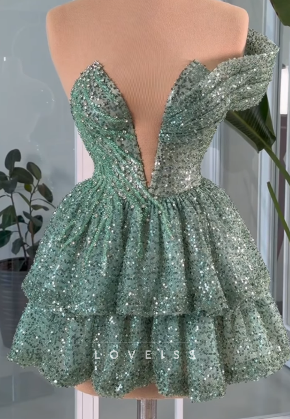 Deep V Tiered Sequin Mini Dress with Asymmetrical Sleeve