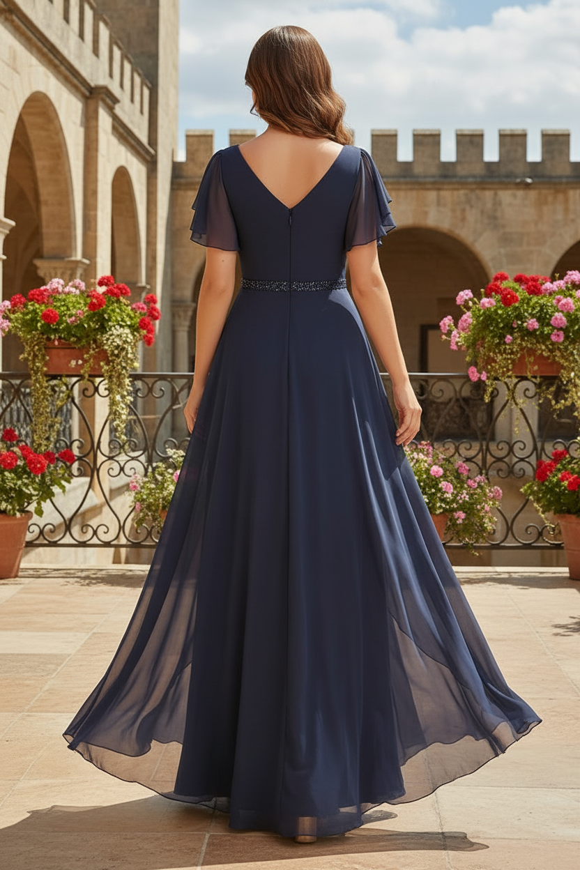 V-Neck Flutter Sleeve Chiffon Evening Gown