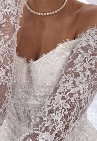 Off-the-Shoulder Lace Ball Gown Wedding Dress