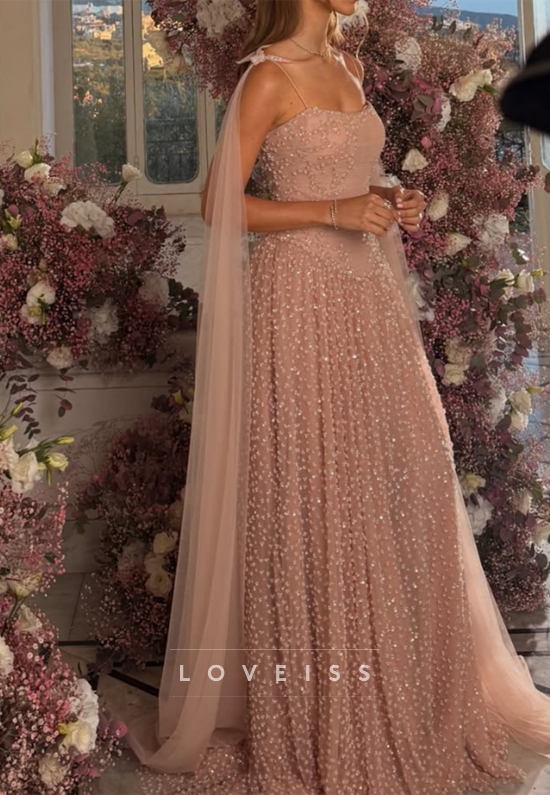 Sequined Basques-Waist Gown with Shoulder Capes