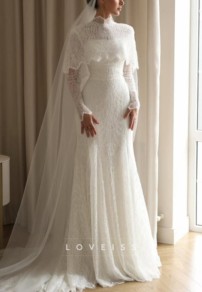 High Neck Lace Long Sleeve Trumpet Wedding Dress