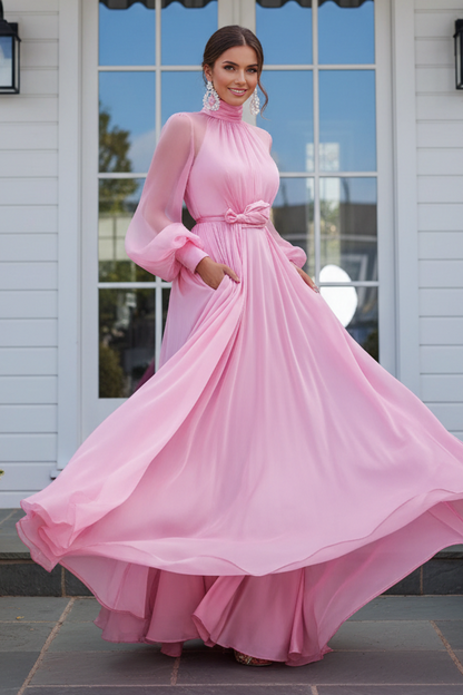 High Neck Satin A-Line Gown with Puff Sleeves