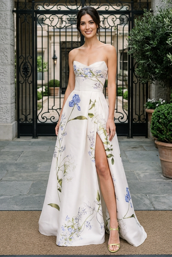 Strapless Floral Print Gown with High Slit