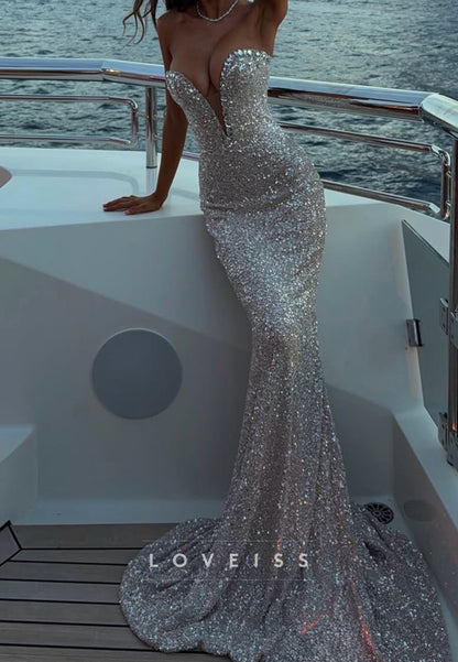 Strapless Deep V-Neck Sequin Mermaid Evening Gown