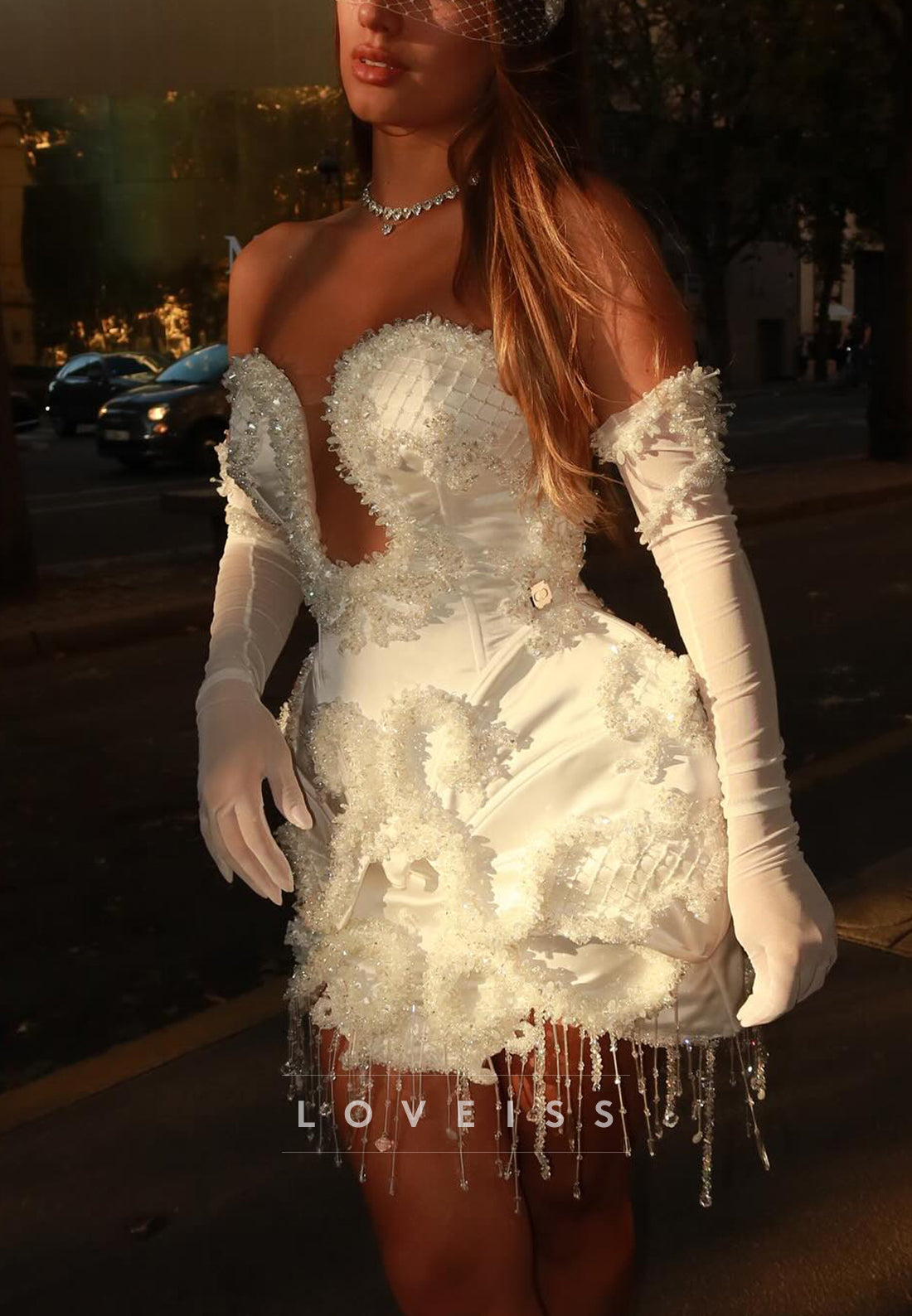 Strapless Beaded Corset Mini Dress with Fringe