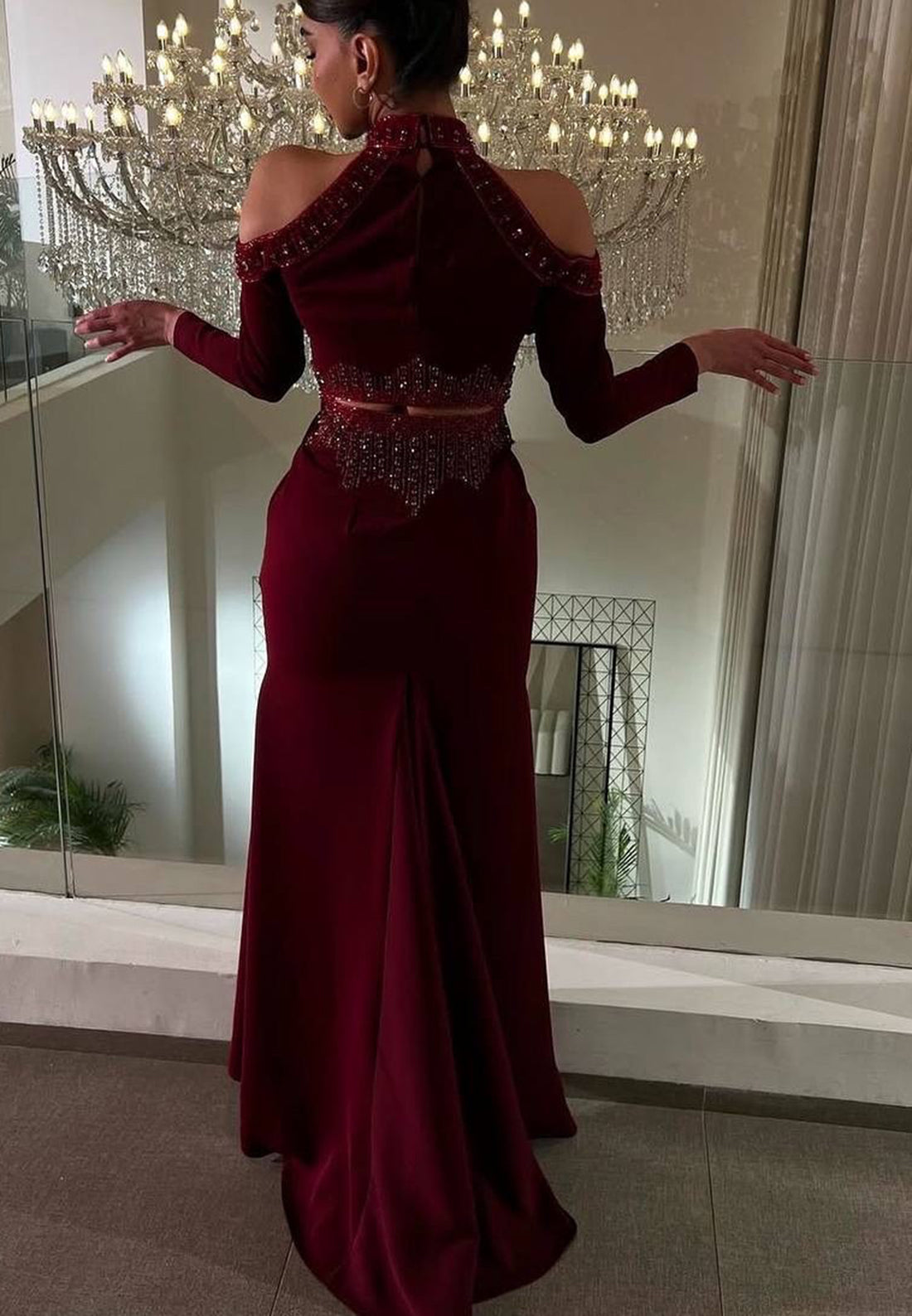 Beaded Cold Shoulder High Neck Evening Gown