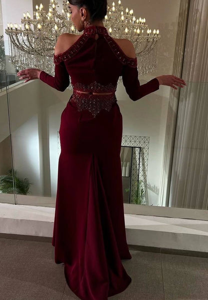 Beaded Cold Shoulder High Neck Evening Gown