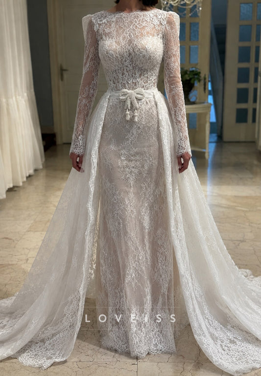 Long Sleeve Lace Mermaid Wedding Dress with Overskirt Train