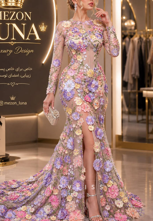 3D Floral Applique Long Sleeve Mermaid Gown