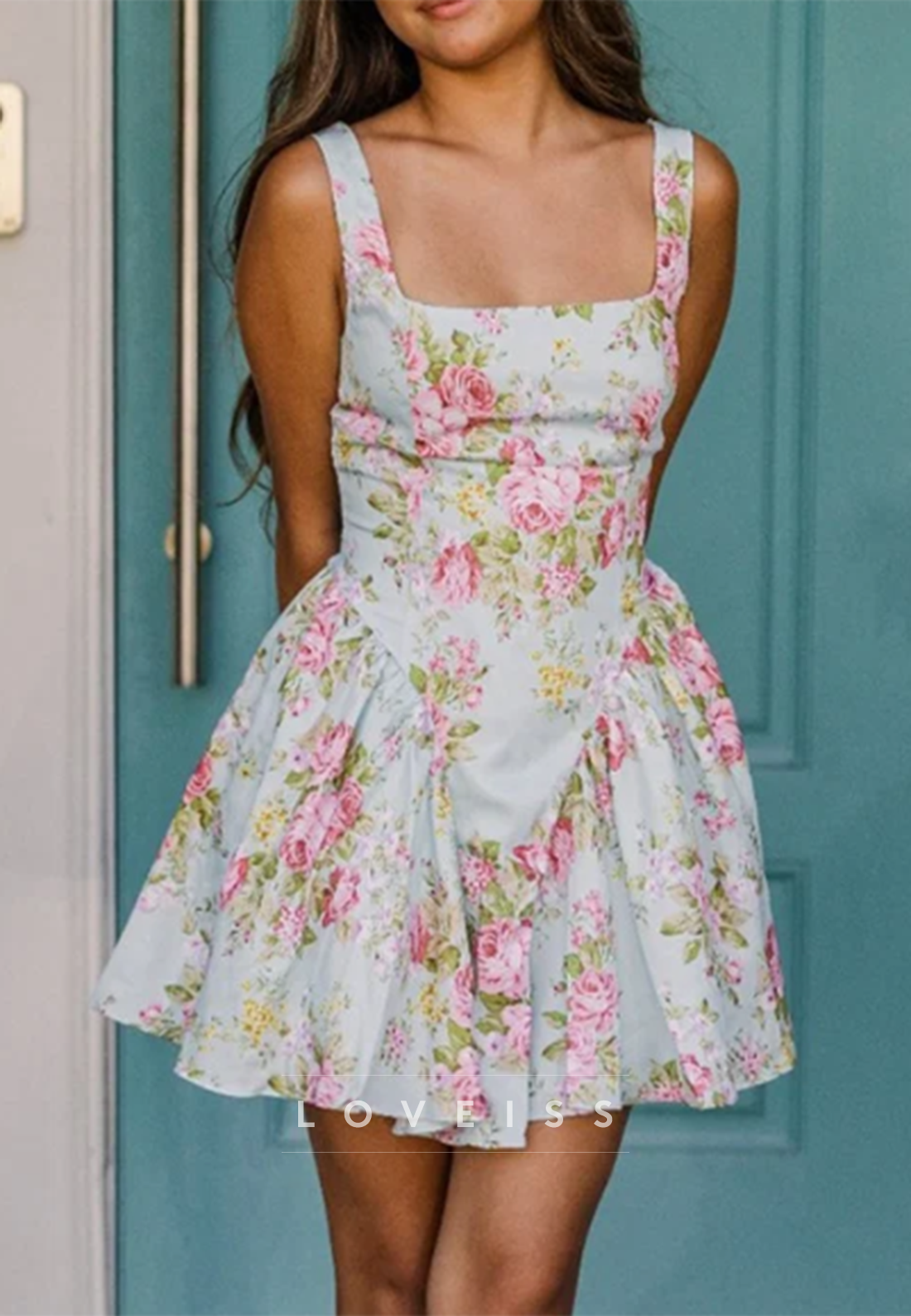 Floral Square Neck Mini Dress with Drop Waist