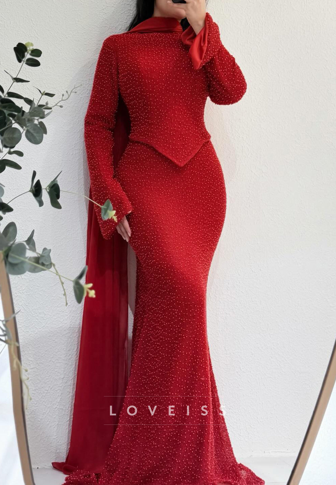 Pearl Beaded High-Neck Mermaid Gown with Shawl