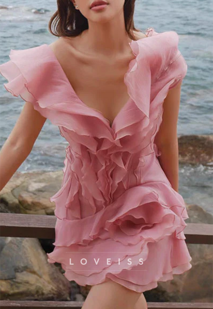 Ruffled V-Neck Mini Dress with 3D Flower Detail