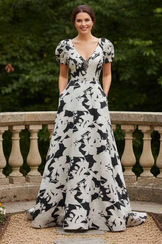 Floral Jacquard V-Neck Gown with Puff Sleeves