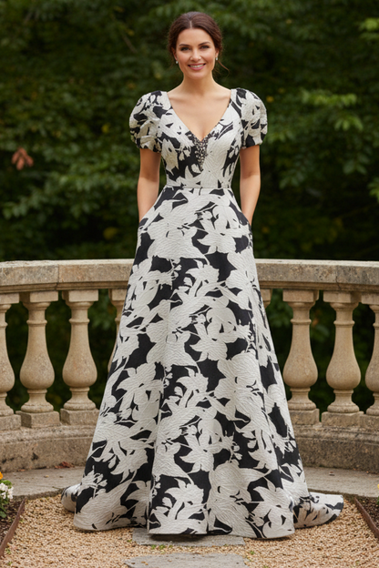 Floral Jacquard V-Neck Gown with Puff Sleeves