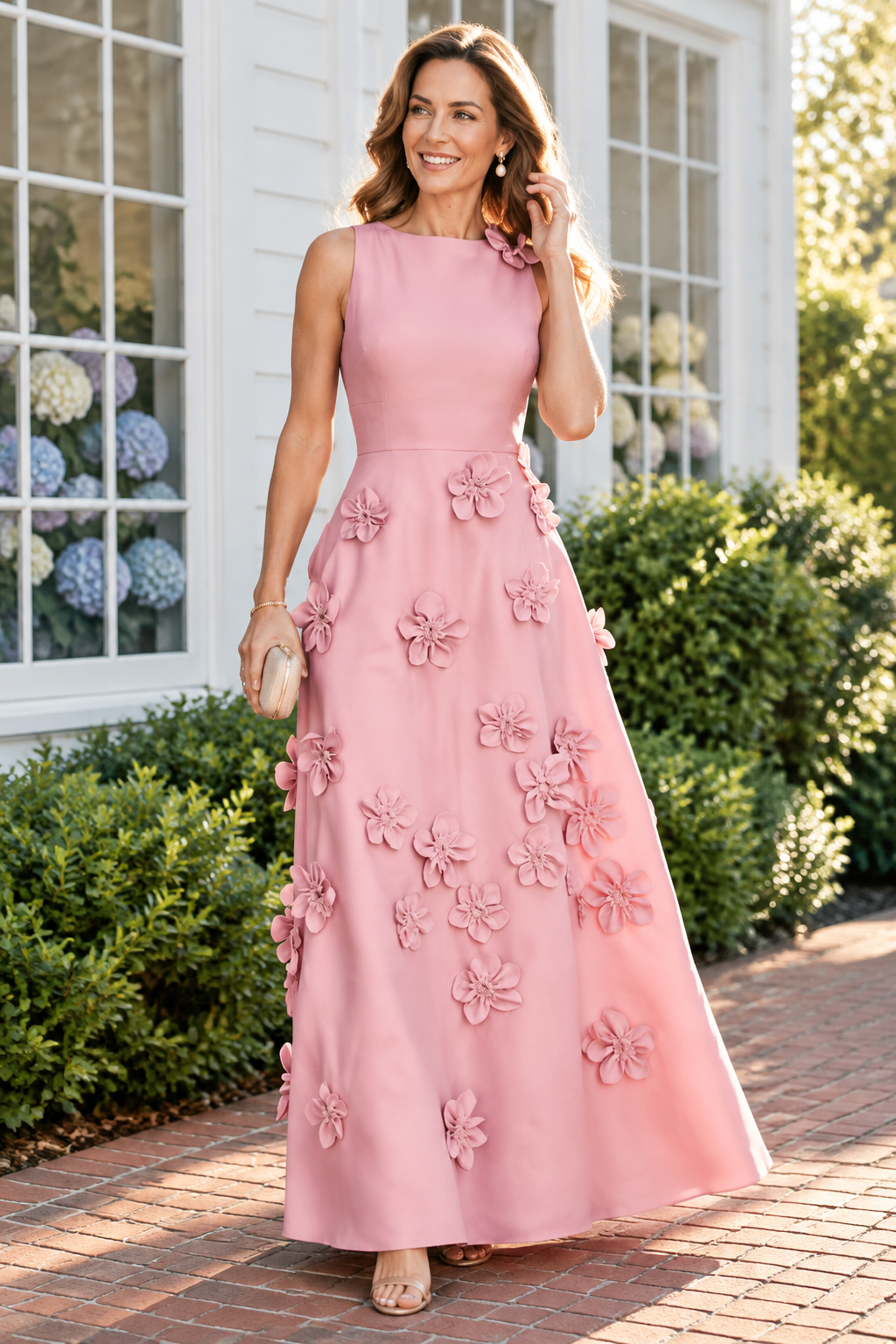 Sleeveless A-Line Gown with 3D Floral Appliques