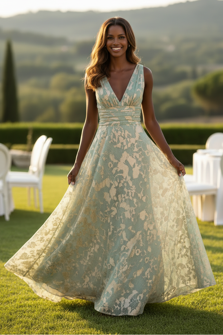Metallic Floral V-Neck A-Line Evening Gown