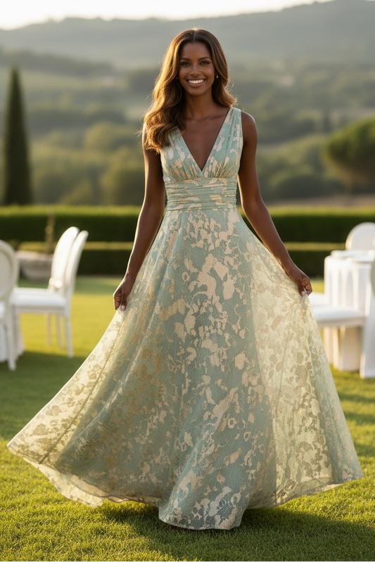 Metallic Floral V-Neck A-Line Evening Gown