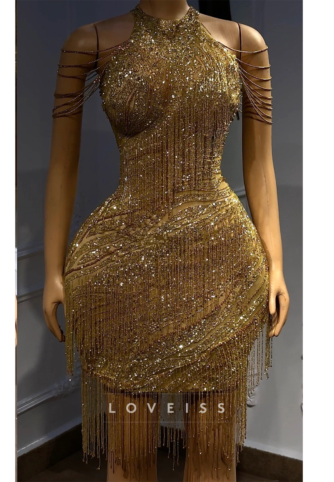 Beaded Fringe Halter Mini Dress with Swag Sleeves
