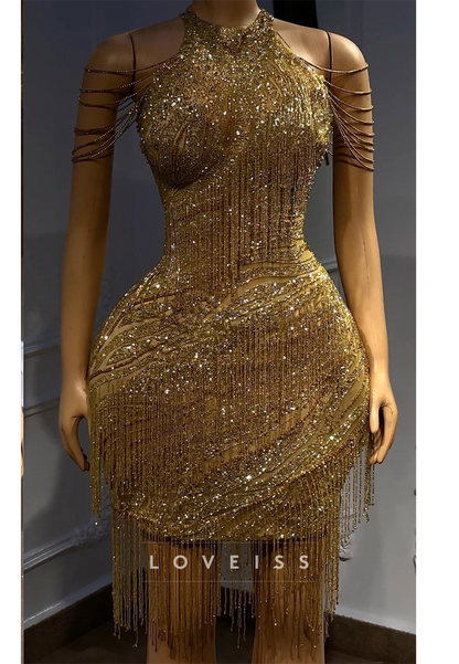 Beaded Fringe Halter Mini Dress with Swag Sleeves