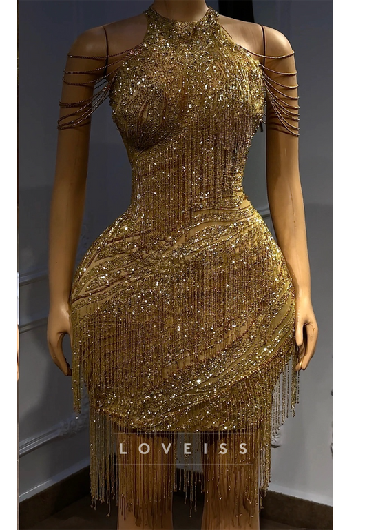 Beaded Fringe Halter Mini Dress with Swag Sleeves
