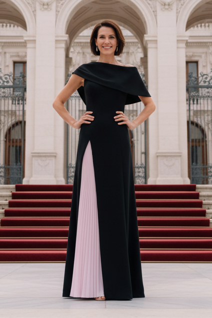 Foldover Asymmetrical Gown with Pleated Contrast Insert