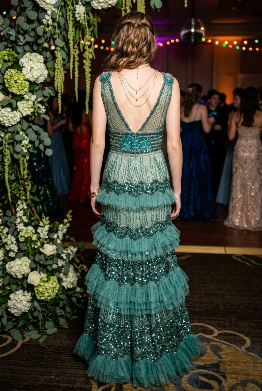 Sequined Tiered Tulle Ruffle Maxi Dress
