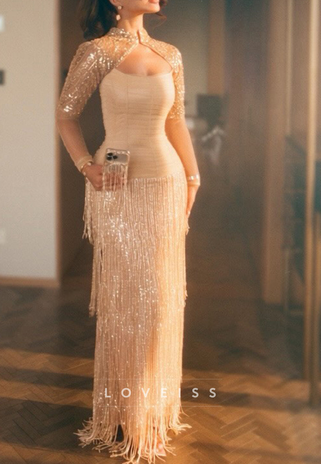 Fringe Skirt Evening Gown with Sequin Cropped Sleeves
