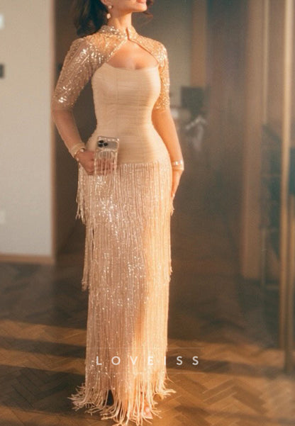 Fringe Skirt Evening Gown with Sequin Cropped Sleeves