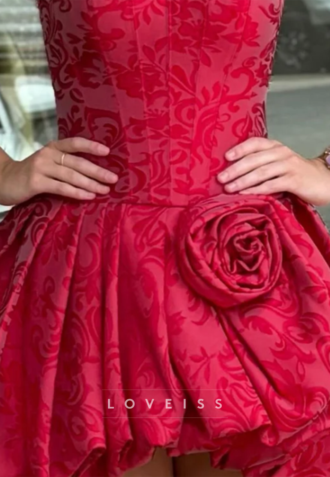 Strapless Floral Jacquard Corset Dress with Rosette Detail