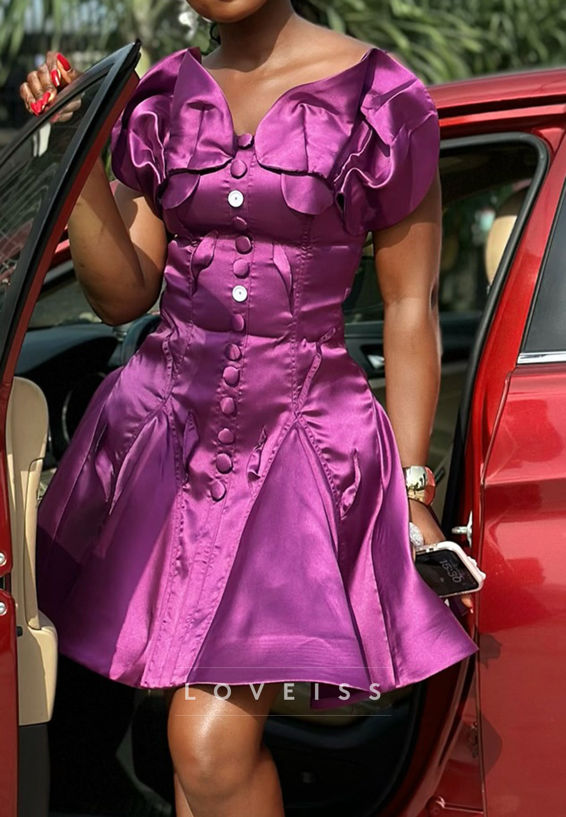 Ruffle Off-Shoulder Satin Mini Dress with Button Front