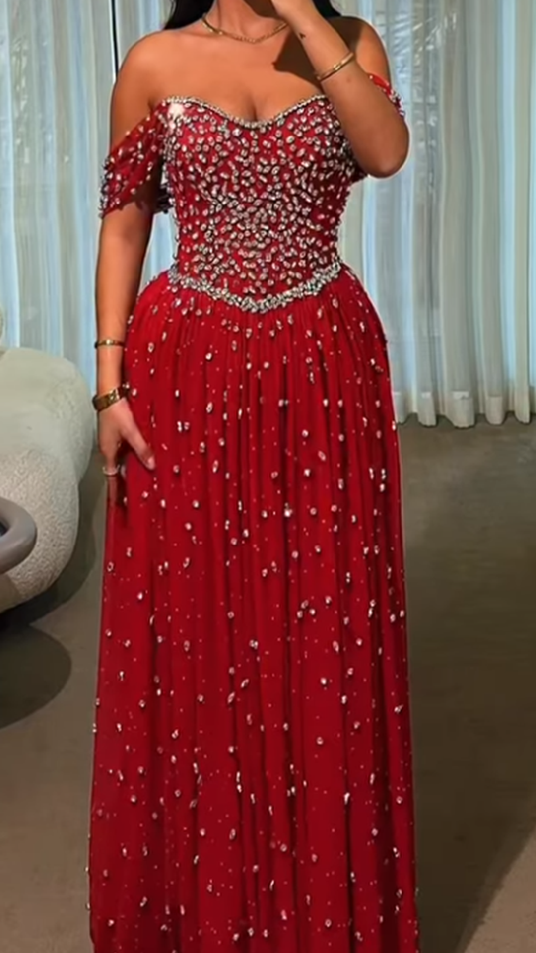 Beaded Off-the-Shoulder Floor-Length Ball Gown