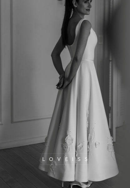 Satin A-Line Wedding Dress with 3D Floral & Pearl Hem