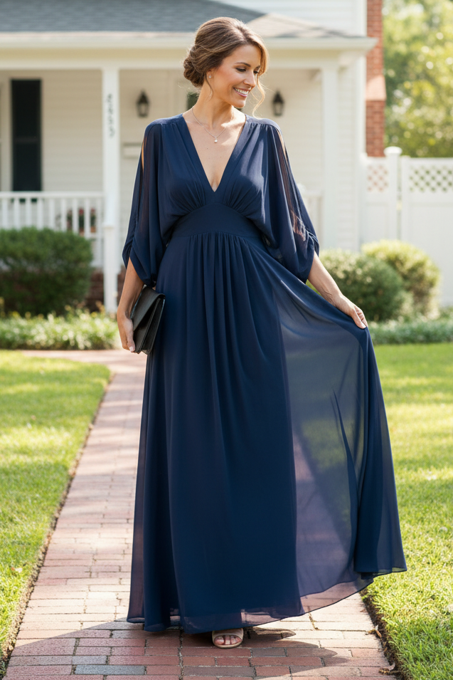 Pleated V-Neck Chiffon Maxi Dress with Split Sleeves