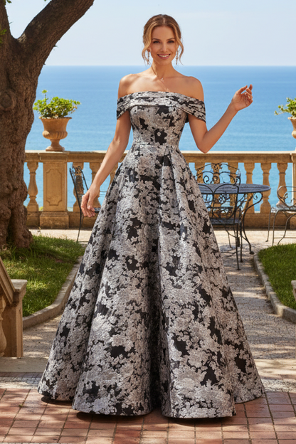Off-the-Shoulder Jacquard A-Line Evening Gown